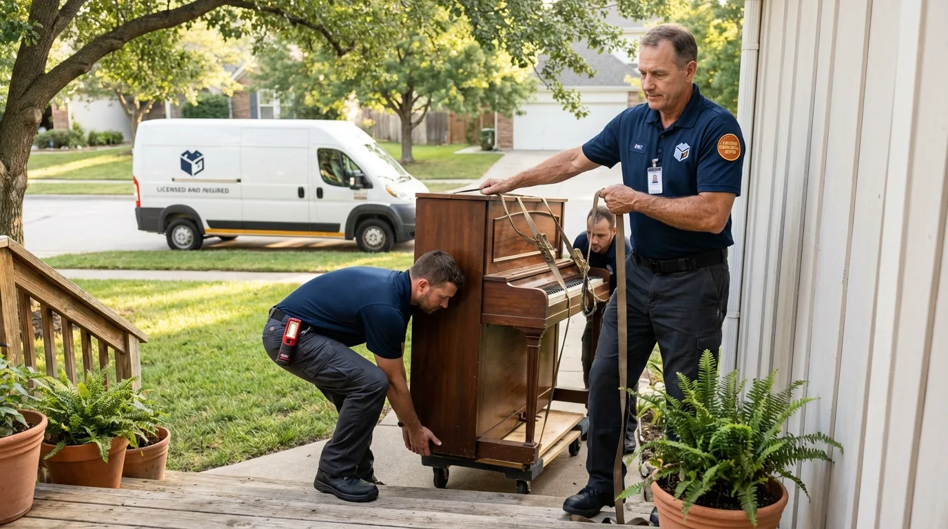 Licensed piano movers securing grand piano in Chaffee, MO