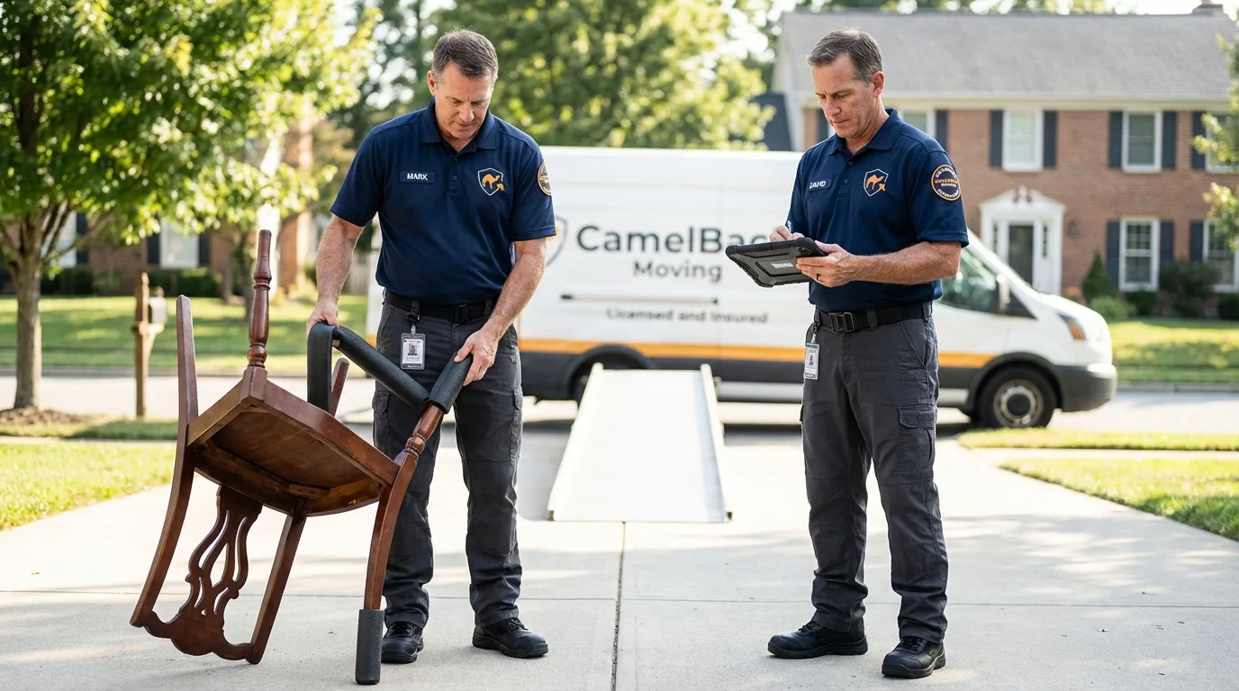 Movers inspecting furniture for damage prevention before loading in Chaffee, MO